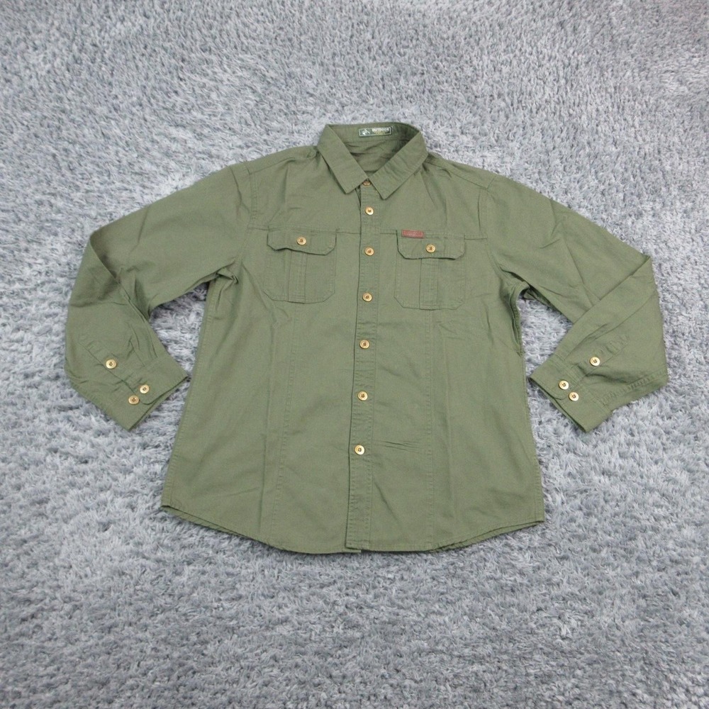Outdoor Shirt Mens L Green Button-Up Long Sleeve Cotton Pockets Casual NWOT
